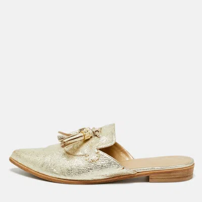 Stuart Weitzman Gold Texture Leather Tassel Pointed Toe Flat Mules
