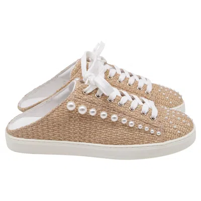 Pre-owned Stuart Weitzman Goldie Mules In Beige Raffia In Brown
