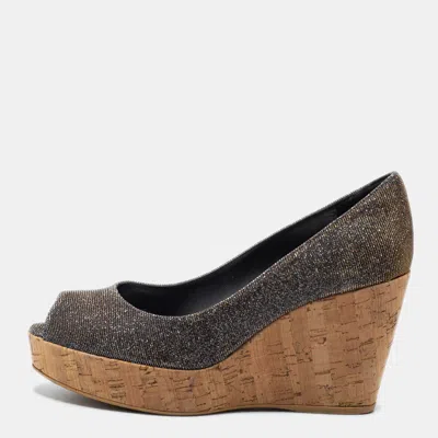 Stuart Weitzman Grey Lurex Fabric Anna Cork Wedge Platform Peep Toe Pumps In Black