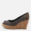 Stuart Weitzman Grey Lurex Fabric Anna Cork Wedge Platform Peep Toe Pumps In Gray