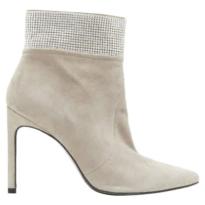 Stuart Weitzman Highbeams Grey Fossil Suede Crystal Embellished Bootie Eu38.5 In Neutral