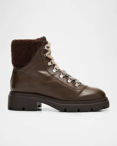 Stuart Weitzman Hudson Lite Lace Shearling-lined Leather Combat Boots In Brown