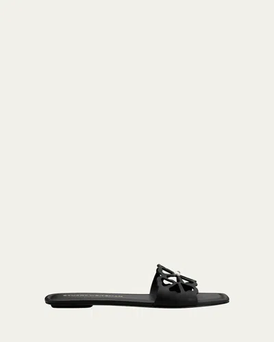 Stuart Weitzman Jasmine Leather Cutout Flat Slide Sandals In Black