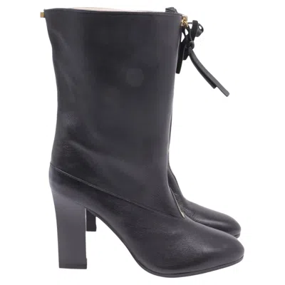 Pre-owned Stuart Weitzman Jett Front-zipped Mid-calf Boots In Black Leather
