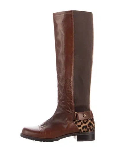 Pre-owned Stuart Weitzman Leather Animal Print Riding Boots In Brown
