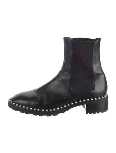 Pre-owned Stuart Weitzman Leather Beaded Accents Chelsea Boots In Black