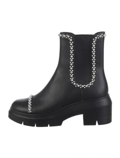 Pre-owned Stuart Weitzman Leather Beaded Accents Chelsea Boots In Black