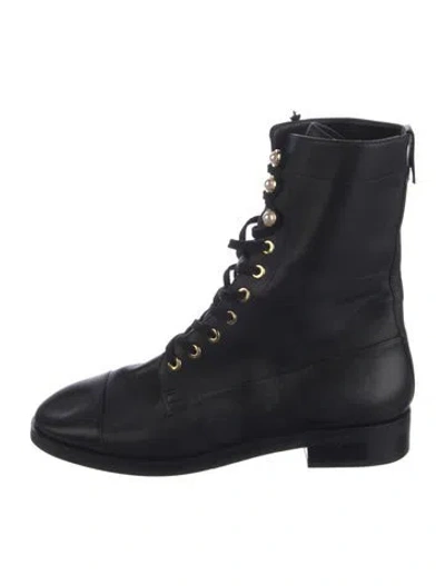 Pre-owned Stuart Weitzman Leather Beaded Accents Combat Boots In Black