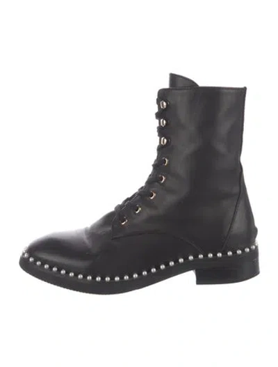 Pre-owned Stuart Weitzman Leather Beaded Accents Combat Boots In Black