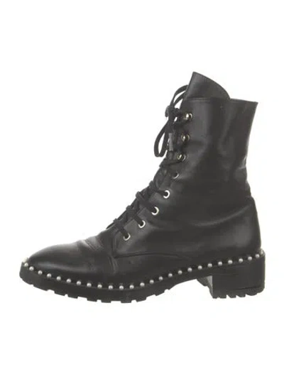 Pre-owned Stuart Weitzman Leather Beaded Accents Combat Boots In Black