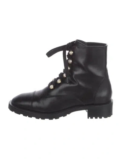 Pre-owned Stuart Weitzman Leather Beaded Accents Combat Boots In Black