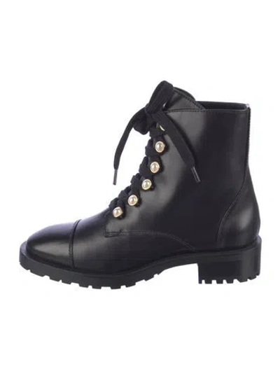 Pre-owned Stuart Weitzman Leather Beaded Accents Combat Boots In Black