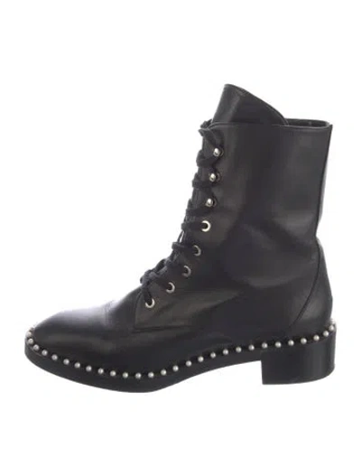 Pre-owned Stuart Weitzman Leather Beaded Accents Combat Boots In Black