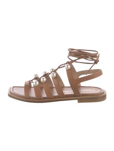 Pre-owned Stuart Weitzman Leather Beaded Accents Gladiator Sandals In Brown