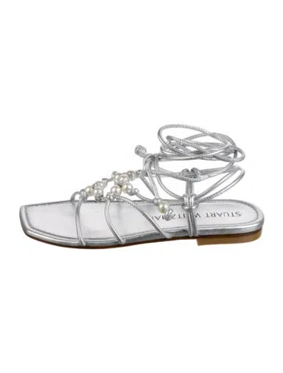 Pre-owned Stuart Weitzman Leather Beaded Accents Gladiator Sandals W/ Tags In Silver