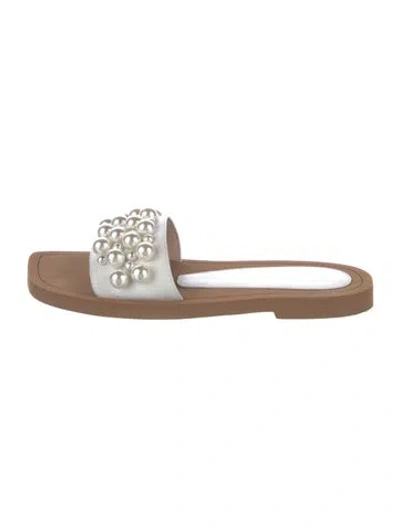 Pre-owned Stuart Weitzman Leather Beaded Accents Slides In Brown/white