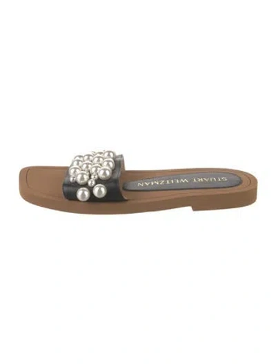 Pre-owned Stuart Weitzman Leather Beaded Accents Slides In Neutral