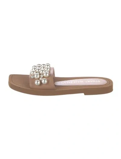 Pre-owned Stuart Weitzman Leather Beaded Accents Slides In Neutrals