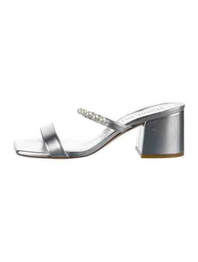 Pre-owned Stuart Weitzman Leather Beaded Accents Slides In Silver