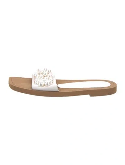Pre-owned Stuart Weitzman Leather Beaded Accents Slides In White