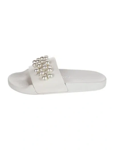 Pre-owned Stuart Weitzman Leather Beaded Accents Slides In White