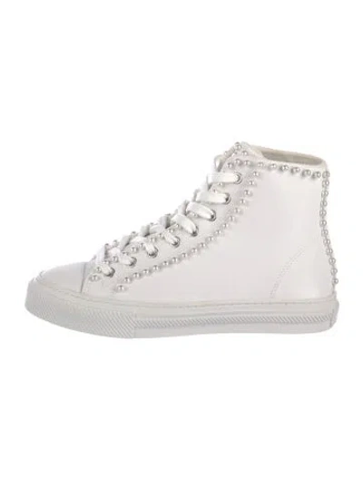 Pre-owned Stuart Weitzman Leather Beaded Accents Sneakers In White