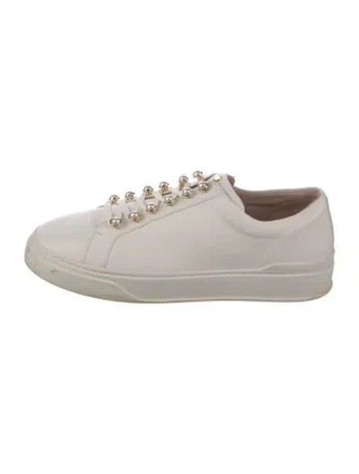 Pre-owned Stuart Weitzman Leather Beaded Accents Sneakers In White