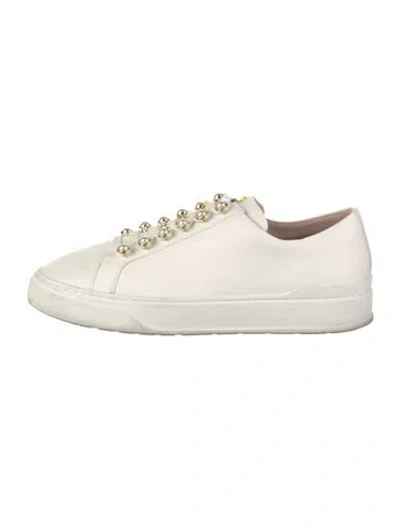 Pre-owned Stuart Weitzman Leather Beaded Accents Sneakers In White