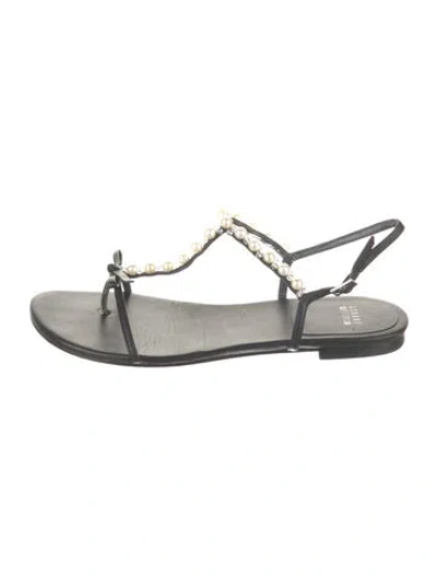 Pre-owned Stuart Weitzman Leather Beaded Accents T-strap Sandals In Black
