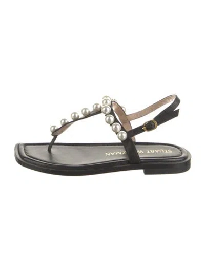 Pre-owned Stuart Weitzman Leather Beaded Accents T-strap Sandals In Black