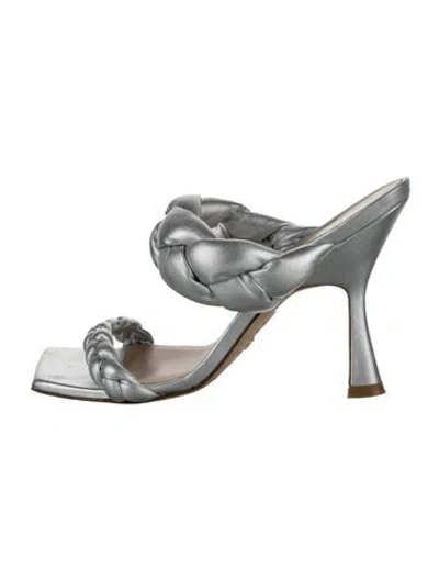Pre-owned Stuart Weitzman Leather Braided Accents Slides In Silver