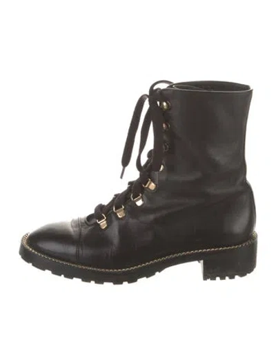 Pre-owned Stuart Weitzman Leather Chain-link Accents Combat Boots In Black