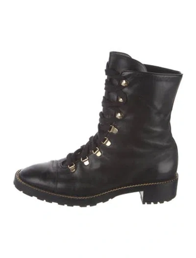 Pre-owned Stuart Weitzman Leather Chain-link Accents Combat Boots In Black