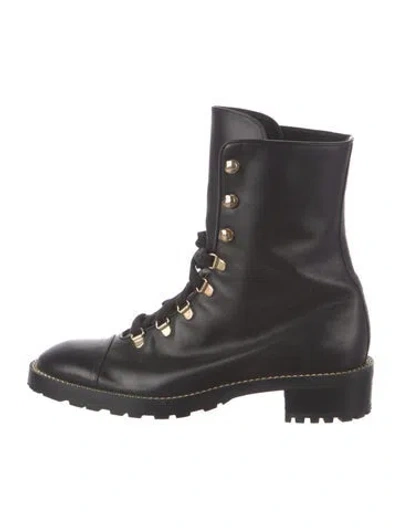 Pre-owned Stuart Weitzman Leather Chain-link Accents Combat Boots In Black