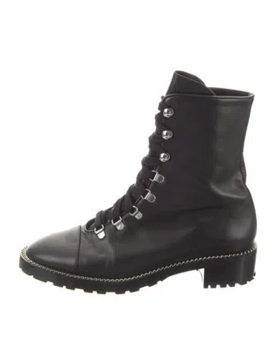 Pre-owned Stuart Weitzman Leather Chain-link Accents Combat Boots In Black