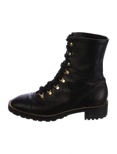 Pre-owned Stuart Weitzman Leather Chain-link Accents Combat Boots In Black