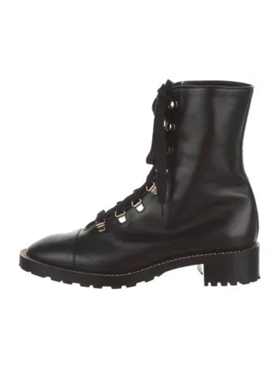Pre-owned Stuart Weitzman Leather Chain-link Accents Combat Boots In Black