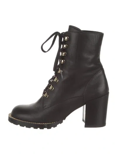 Pre-owned Stuart Weitzman Leather Chain-link Accents Combat Boots In Black