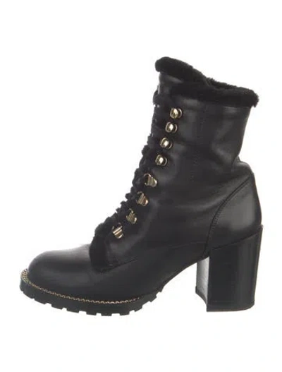 Pre-owned Stuart Weitzman Leather Chain-link Accents Combat Boots In Black