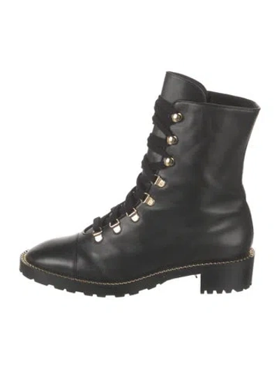 Pre-owned Stuart Weitzman Leather Chain-link Accents Combat Boots In Black