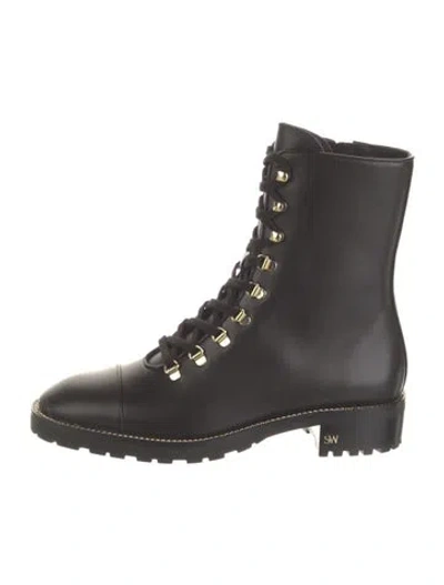 Pre-owned Stuart Weitzman Leather Chain-link Accents Combat Boots In Black