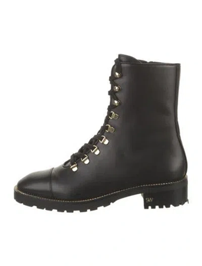 Pre-owned Stuart Weitzman Leather Chain-link Accents Lace-up Boots In Black