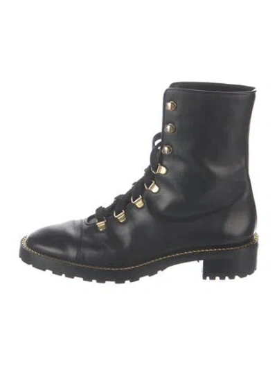Pre-owned Stuart Weitzman Leather Chain-link Accents Lace-up Boots In Black