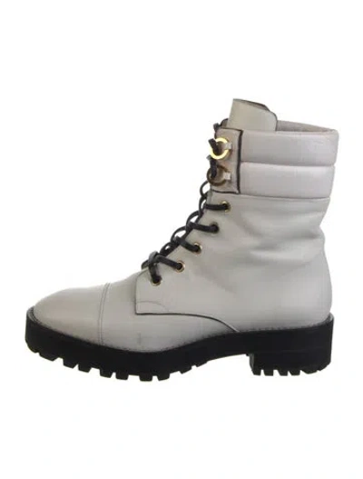 Pre-owned Stuart Weitzman Leather Colorblock Pattern Combat Boots In White