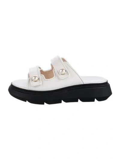 Pre-owned Stuart Weitzman Leather Colorblock Pattern Slides In White
