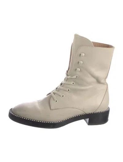 Pre-owned Stuart Weitzman Leather Crystal Embellishments Combat Boots In Neutral
