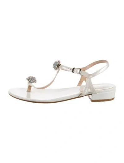 Pre-owned Stuart Weitzman Leather Crystal Embellishments Flats In White
