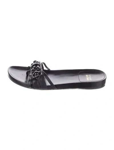 Pre-owned Stuart Weitzman Leather Crystal Embellishments Flip Flops In Black