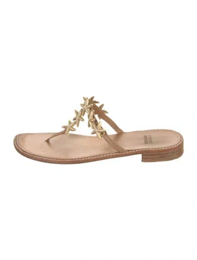 Pre-owned Stuart Weitzman Leather Crystal Embellishments Flip Flops In Brown/gold