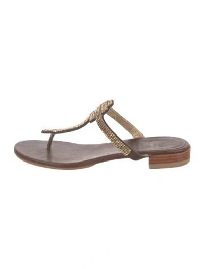 Pre-owned Stuart Weitzman Leather Crystal Embellishments Flip Flops In Gold